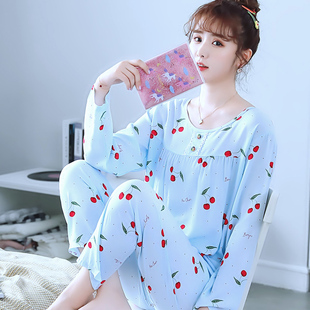 女士睡衣两件套大码 2020秋季 薄款 棉绸长袖 可爱春秋绵绸家居服 新款
