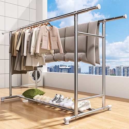 不锈钢晾衣架落地家用室内阳台伸缩挂衣服架子卧室晒衣杆晒被神器