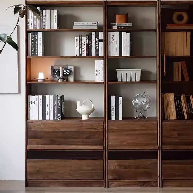 北美黑胡桃木书柜全实木客厅整墙组合书架日式落地收纳玻璃展示柜