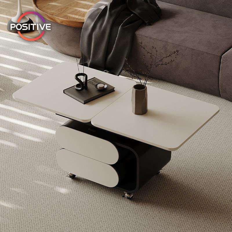 意式极简可移动茶几升降折叠旋转餐桌长方形客厅家用小推车边几