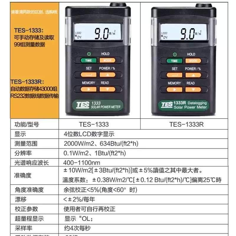 泰仕TES-1333/1333R数字自动太阳能光功率表计数显辐照仪光强度计