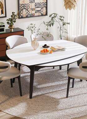 my欧鹿黑色奶油风餐桌可伸缩变圆桌折叠原木风小户型岩板餐桌椅组