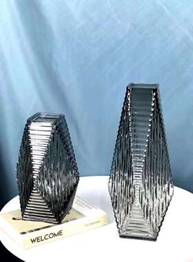 新品灰色多边异形条纹玻璃花瓶餐桌装饰工艺品摆件家居创意饰品