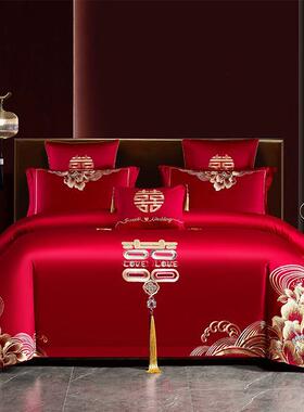 婚庆四件套大红色刺绣新婚喜被套件纯棉婚房绣花结婚床上用品全棉