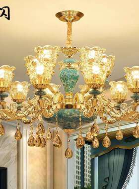 欧式吊灯奢华客厅灯现代简约大气家用法式蓝色陶瓷吊灯卧室水晶灯
