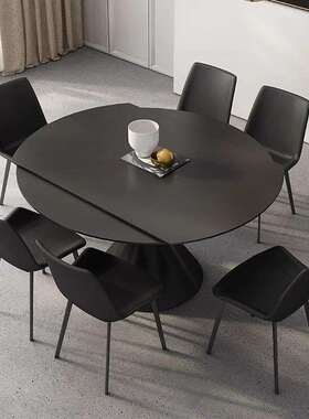 意式黑色岩板可变圆桌现代简约家用小户型方圆两用旋转伸缩圆餐桌