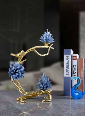 轻奢蓝色天然石鸟语花香摆件金属新中式客厅电视柜家居软装饰品