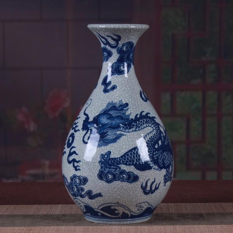 仿古开片裂纹釉青花瓷龙纹玉壶春瓶插花摆件 中式复古陶瓷装饰品