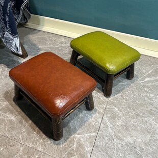 美式乡村家用客厅小凳子茶几门口换鞋长方矮板凳实木通用皮革软椅