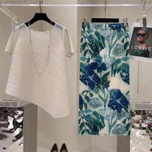 2025春夏绿蓝直筒开叉高腰半身裙母亲节礼品褶皱时尚 礼物 休闲套装