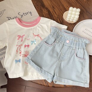 夏季 子薄款 休闲女童女宝粉边高腰花苞翻边牛仔短裤 裤 热裤 204新款
