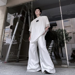 宽松阔腿拖地长裤 夏装 T恤男套装 街头亮片设计感短袖 两件套潮 美式