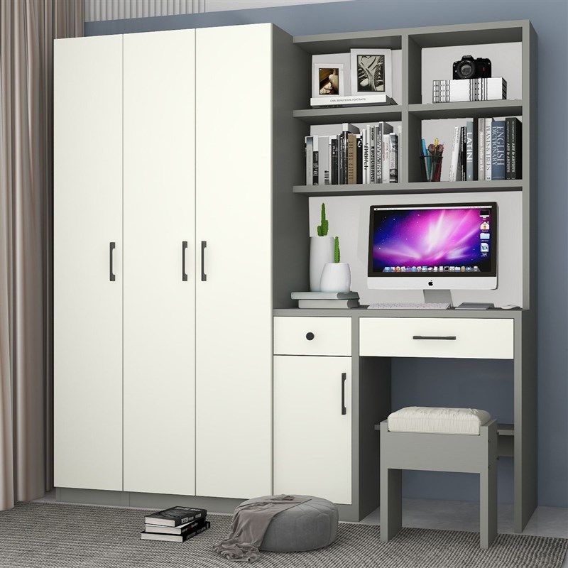 连体书桌带衣柜一体儿童房电脑桌书柜组合小户型家用卧室写储物柜