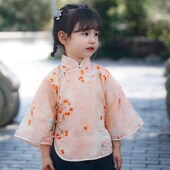 民国装 中国风儿童新中式 民族服饰苧麻小衫 伞裙套装 女孩 斜襟倒大袖