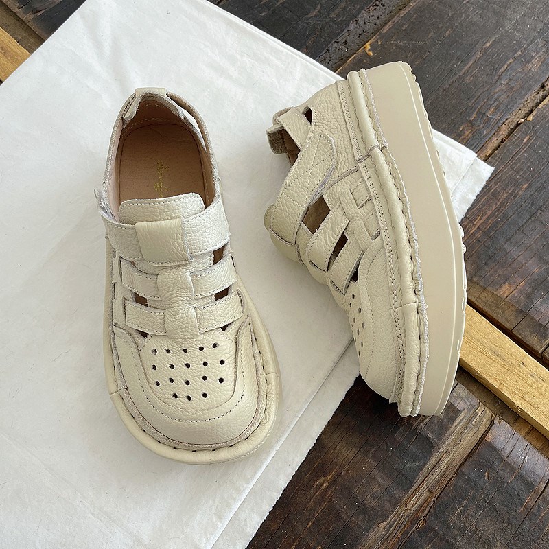 港风真皮厚底老爹鞋女复古文艺手工缝线鞋松糕底镂空夏季凉鞋女鞋