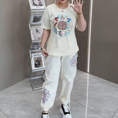 时尚 显瘦上衣束脚裤 短袖 女2025夏季 大码 国风中式 套装 新款 子两件套