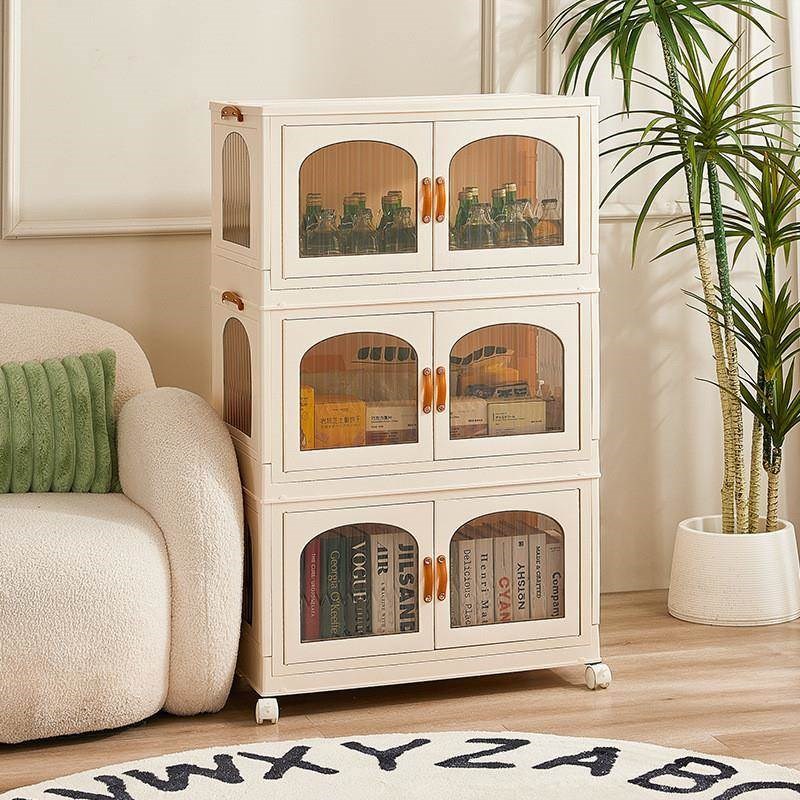 免安装折叠收纳柜双开门磁吸半透门分类分层大容量透明杂物储物箱