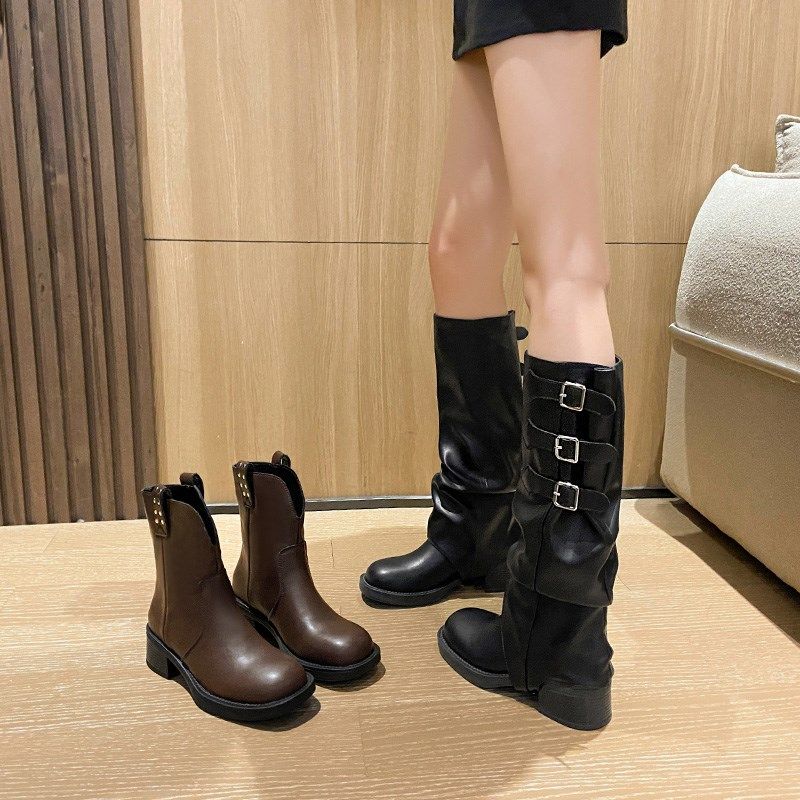短靴西部牛仔靴长靴女2023新款机车靴马丁靴秋冬加绒大码女靴41-4