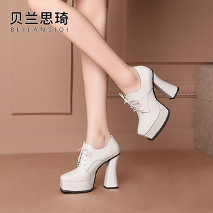 漆皮英伦风复古系带厚底粗跟深口单鞋 超高跟鞋 女防水台春秋新款