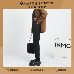 黑色高腰直筒哈伦牛仔裤 显瘦九分小个子大尺 女春秋弹力罗卜老爹裤