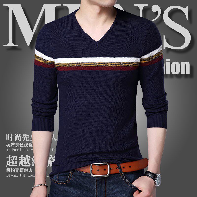 长袖T恤男春秋薄款修身打底衫青年V领韩版条纹针织衫毛衣弹力线衣