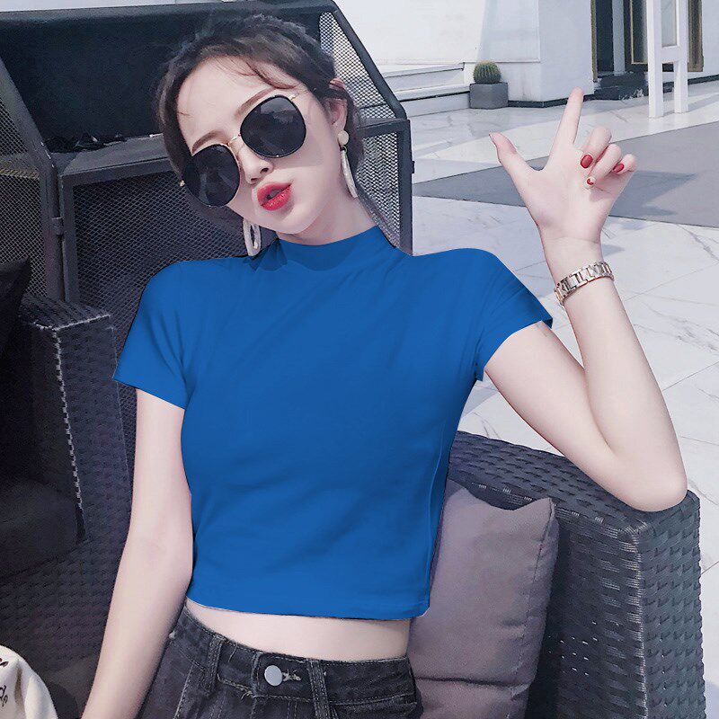 小半高领短袖女t恤白色体恤冬新款小衫中领内搭紧身短款露脐上衣