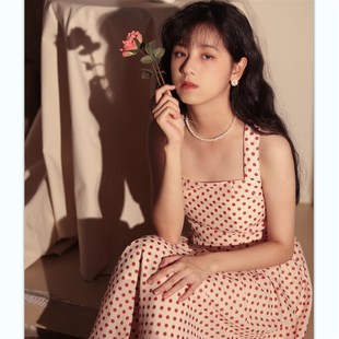 喵吉甜美温柔风方领无袖收腰渡假裙小个子中长款波点连衣裙女夏季