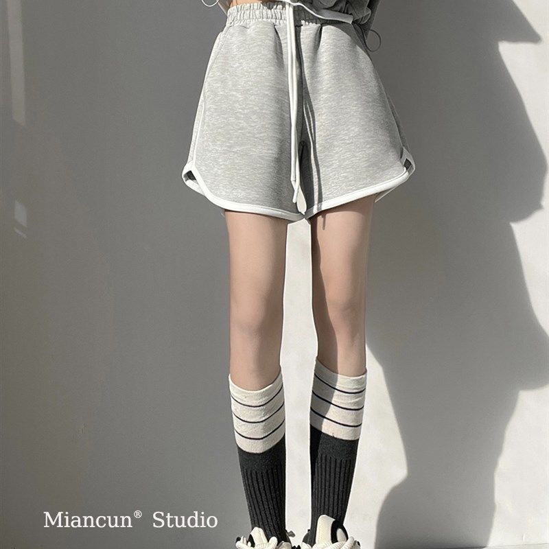 美式复古灰色运动短裤女宽松外穿夏季居家睡裤休闲阔腿a字热裤潮