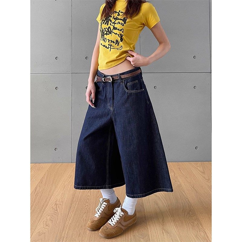 美式复古宽松百搭阔腿牛仔短裤女2025夏季新款高腰直筒显瘦七分裤