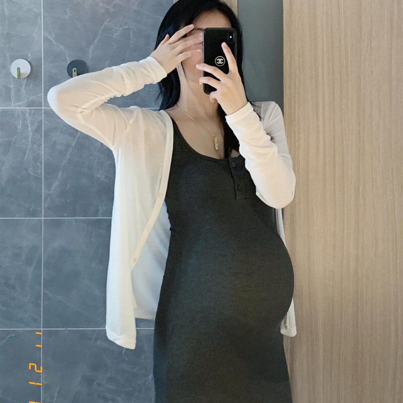孕妇方领吊带背心连衣裙单排扣小V领长裙子修身显瘦大码弹力A型裙
