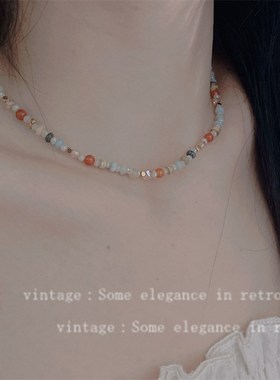 时尚珍珠天然石串珠项链女小众气质个性简约复古中古风锁骨链颈链