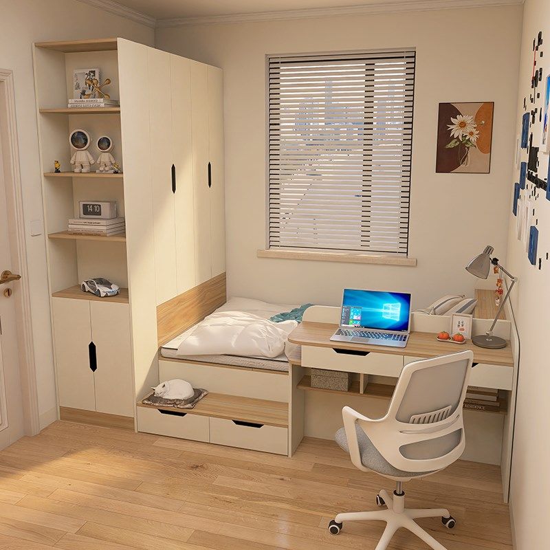 榻榻米床衣柜一体小户型儿童房1米2床定制实木边柜地台书桌一体床