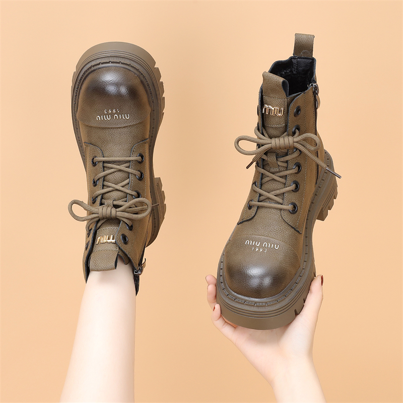 厚底马丁靴女2023秋冬季加绒短靴真皮网红爆款系带显瘦英伦风棉鞋