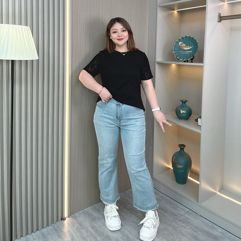 浅色微喇牛仔裤女春夏大码高腰显瘦直筒小个子梨型身材九分喇叭裤