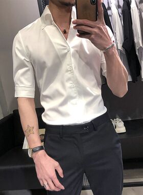 薄款衬衫男夏季短袖韩版潮流帅气修身休闲七分中袖V领男士白衬衣