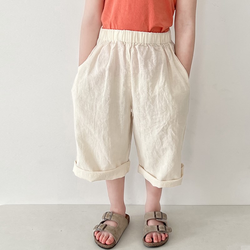 儿童森系苎麻裤子夏季薄款2025新款日韩男女童阔腿七分裤童装透气