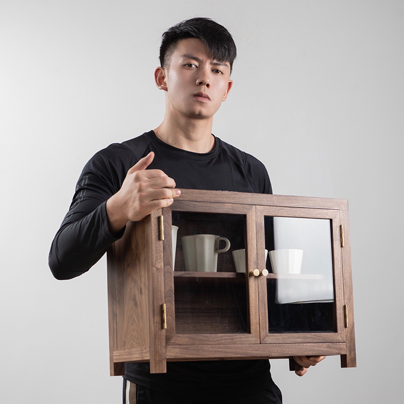 桌面收纳柜黑胡桃木储物柜家居软装装饰柜透明玻璃门双开门小柜子