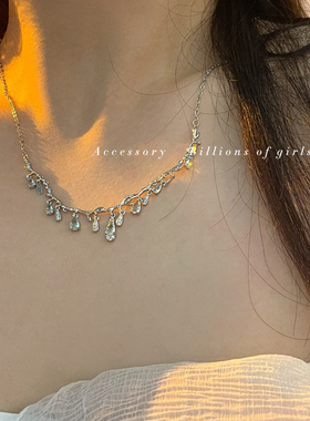 千亿少女#蓝色锆石水晶水滴吊坠流苏项链超仙温柔优雅锁骨链女潮