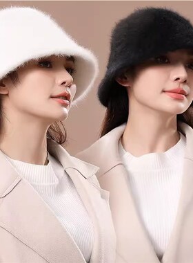 兔毛帽女大头围显脸小水桶帽韩版遮脸保暖女款时尚秋冬兔毛帽子