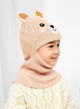 儿童帽子秋冬韩版女童加绒护耳围脖宝宝冬季防风护脸一体毛线帽潮
