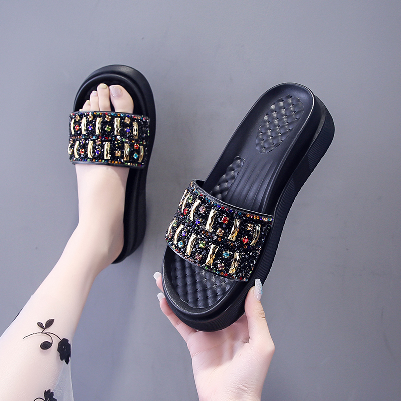 外穿拖鞋女2023年夏季新款时尚彩色水钻5cm厚底坡跟增高一字凉拖
