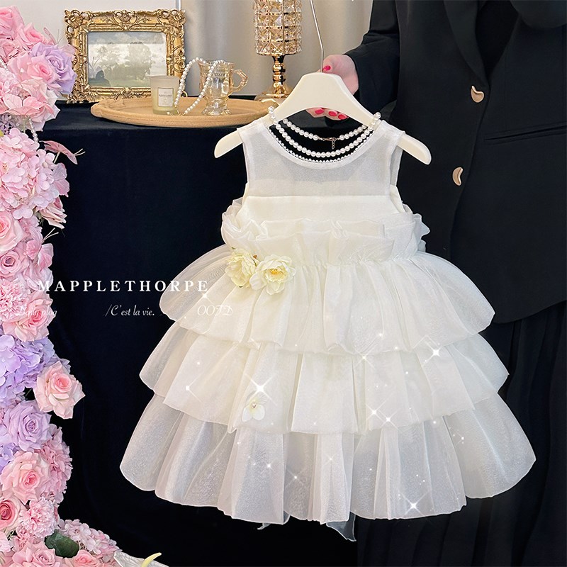 韩系女童连衣裙夏装洋气高级感花朵礼服裙子六一儿童白色演出服装