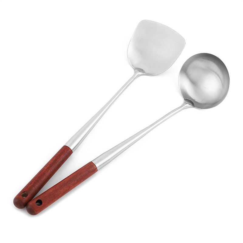 8006小厨师木柄铲锅勺 不锈钢炒铲炒勺加长木柄汤勺家用厨师专用