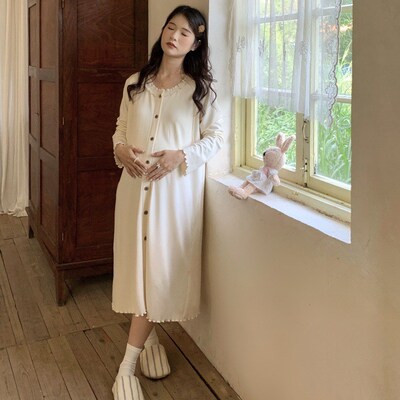 春夏款孕妇睡裙家居裙月子服带胸垫长袖宽松中长款待产服入院服