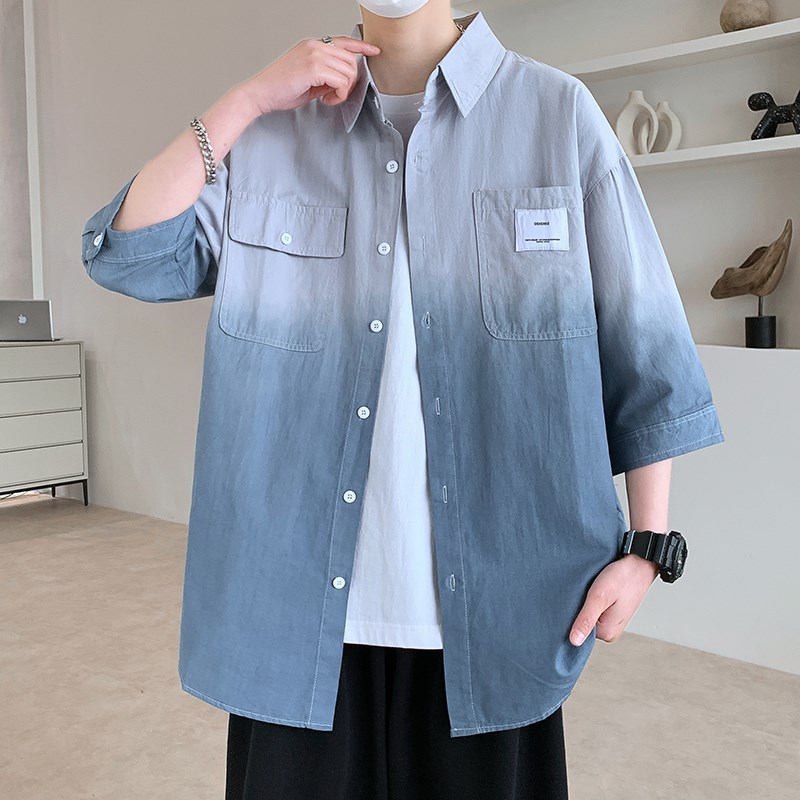 七分袖衬衫男士短袖夏季薄款渐变色宽松纯棉中袖衬衣学生帅气男装