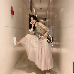 适合胯大腿粗百褶a字裙女半身裙子中长春秋网纱高腰新款 2020秋季