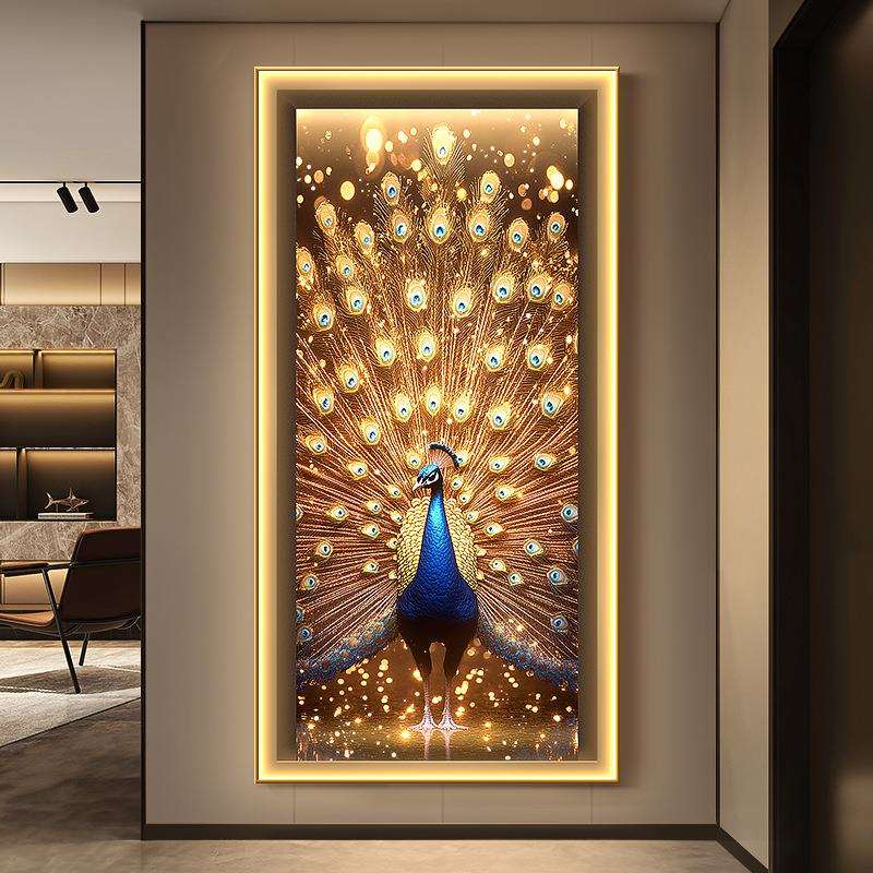 高级过道孔雀感对入户门挂画玄关版带孔雀开屏挂画正走廊装饰灯壁