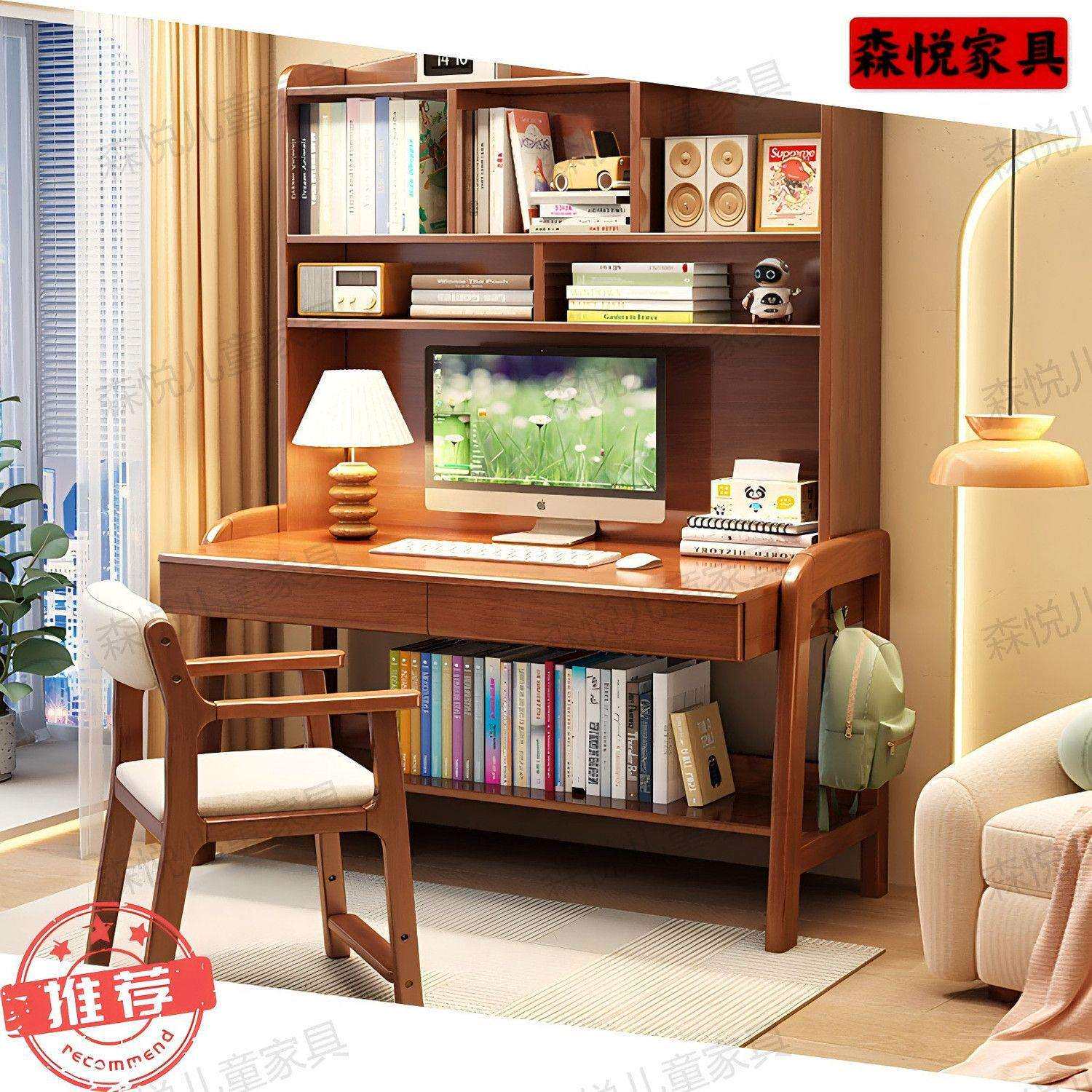 实木书桌书架一体可升降学习桌简约家用台式电脑桌卧室学生写字桌