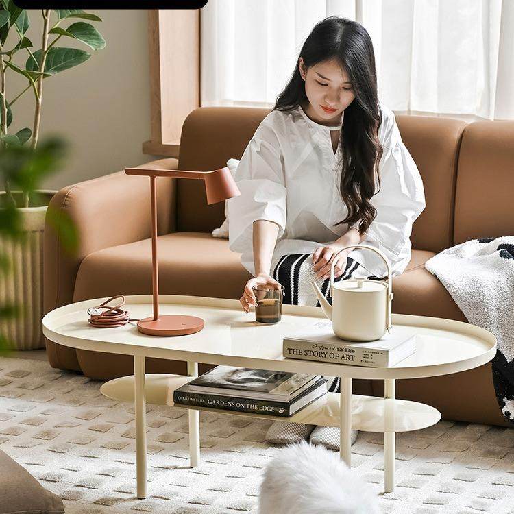 麦凡小户型茶几奶油风现代简约客厅茶桌椭圆形双层桌子免安装
