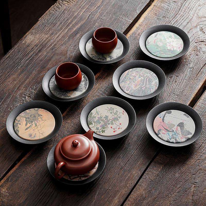 黑陶墨彩速干吸水茶盘家用茶具托盘复古壶承圆形干泡台国潮茶壶垫